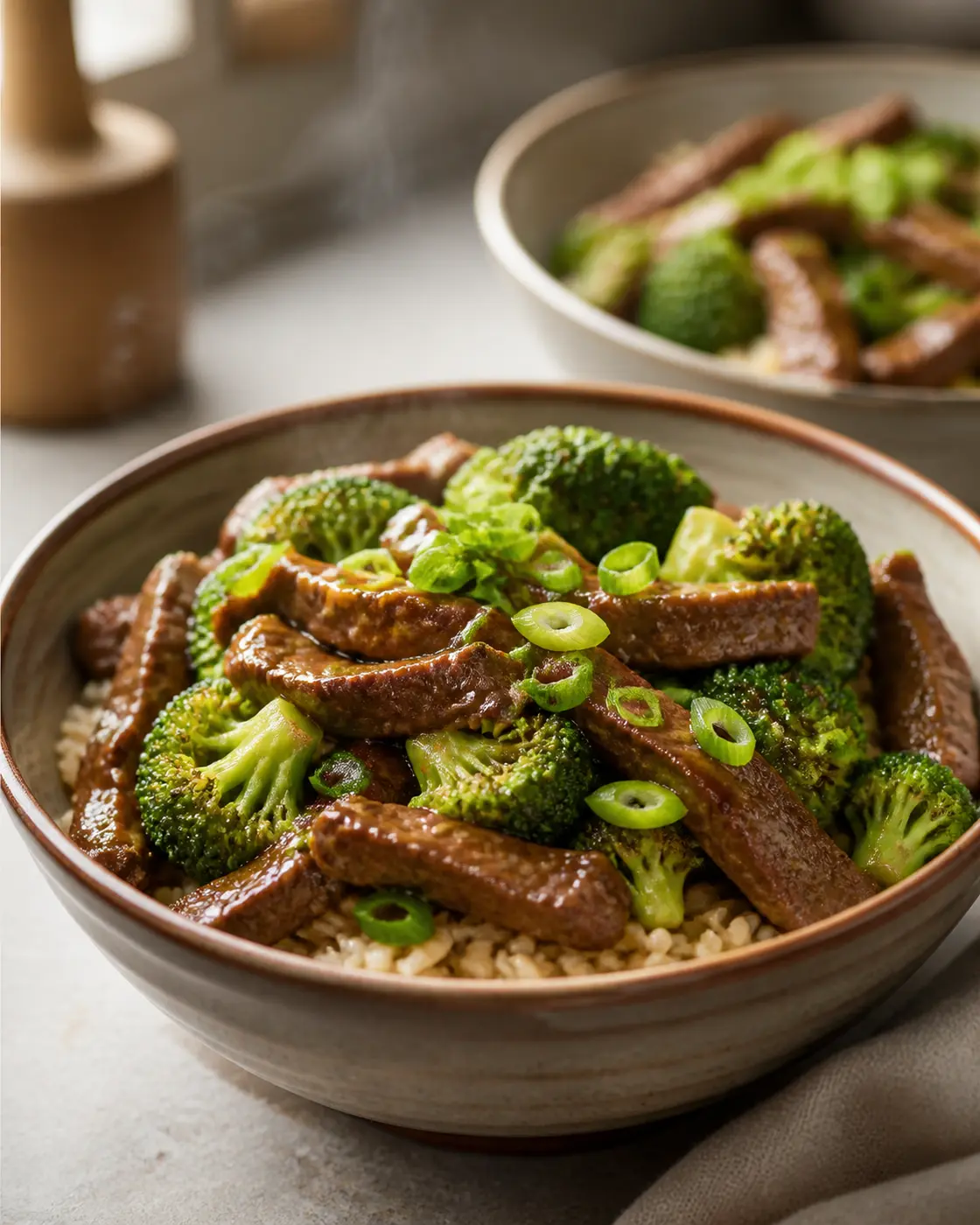 Beef and broccoli rice bowls with glossy garlic ginger sauce and sliced scallions