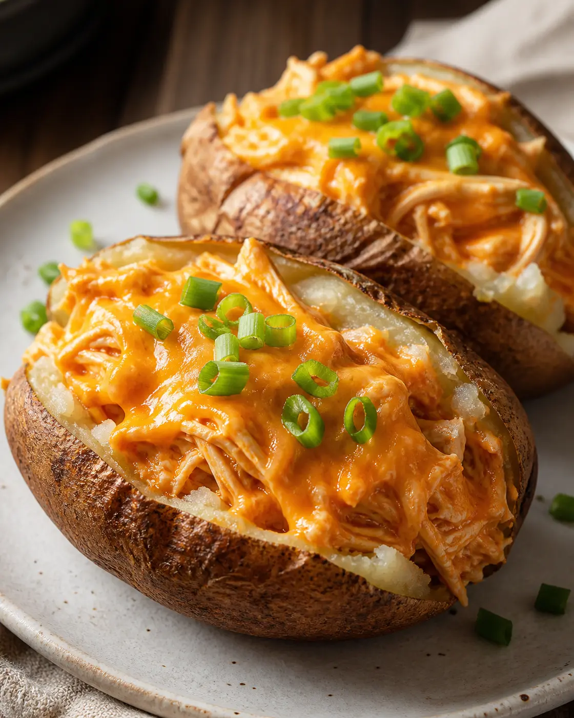 Baked potatoes filled with creamy buffalo chicken, melted cheddar, and sliced scallions