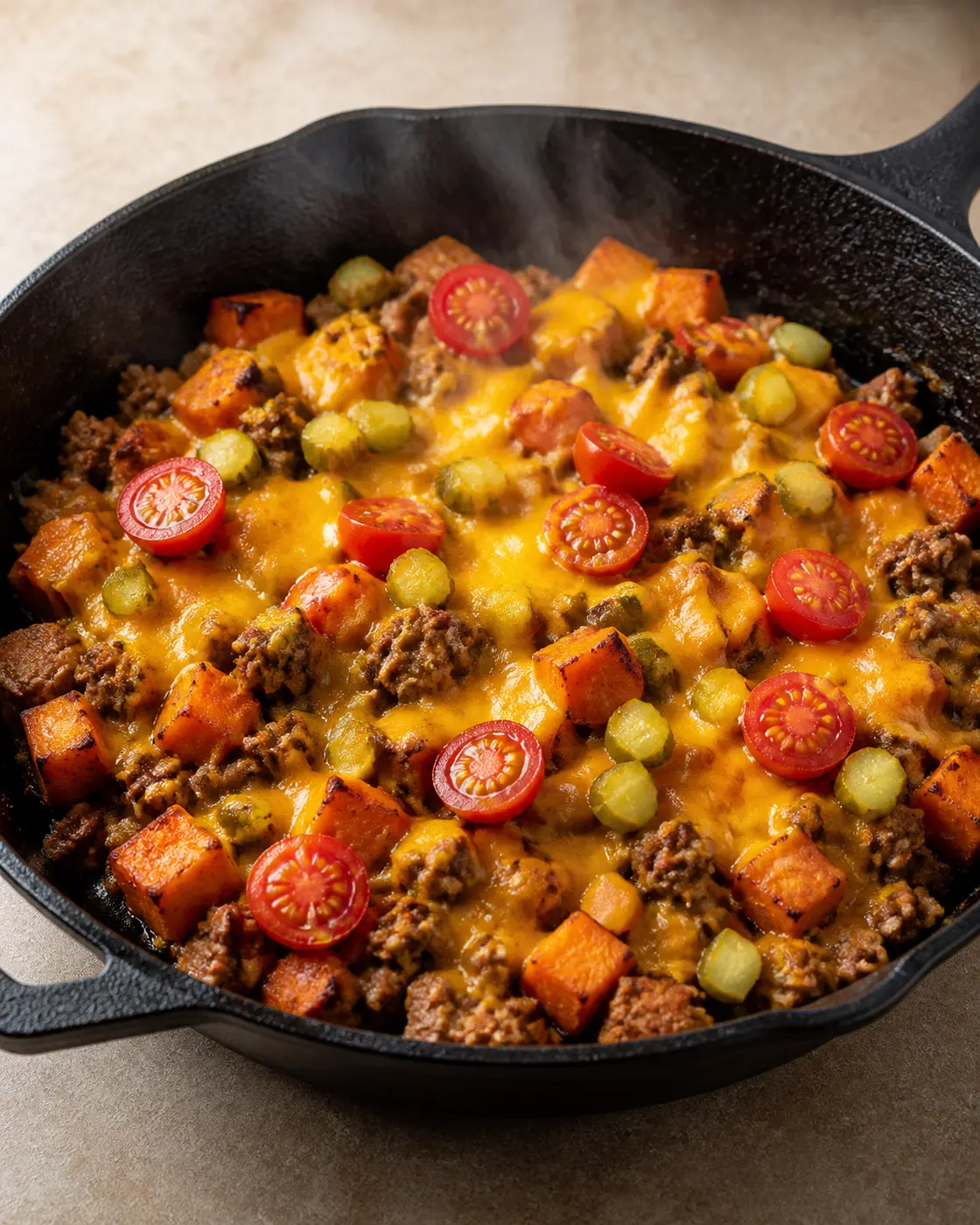 Cheeseburger sweet potato skillet with ground beef, melted cheddar, tomatoes, and pickles