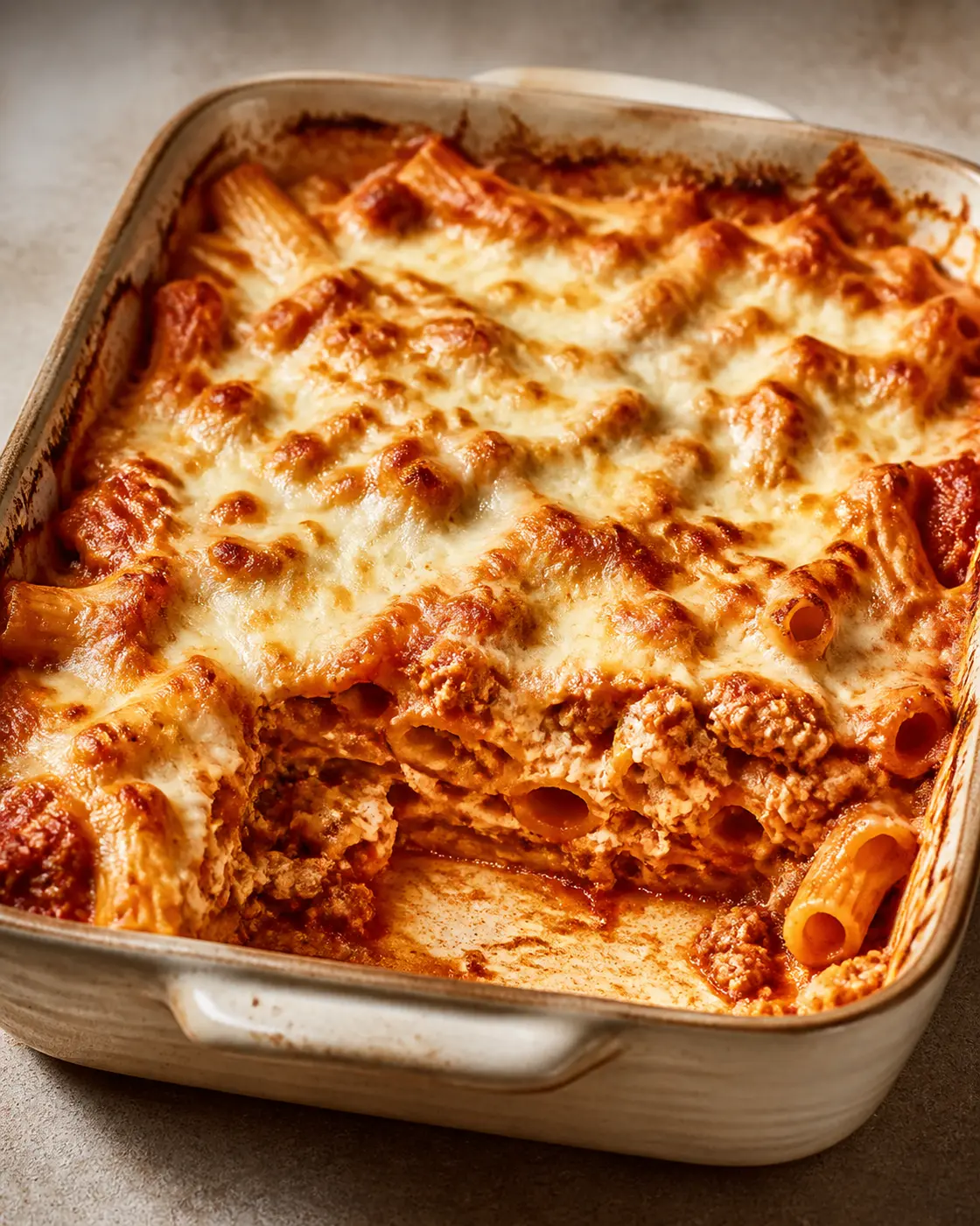 Cottage cheese turkey baked ziti with bubbling mozzarella and tomato sauce