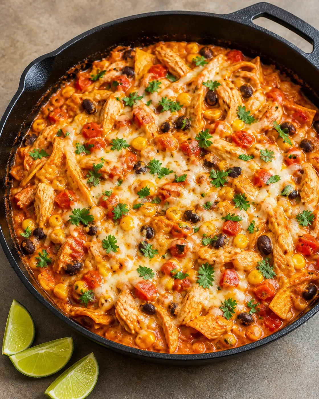 Creamy chicken enchilada skillet topped with melted cheese and cilantro