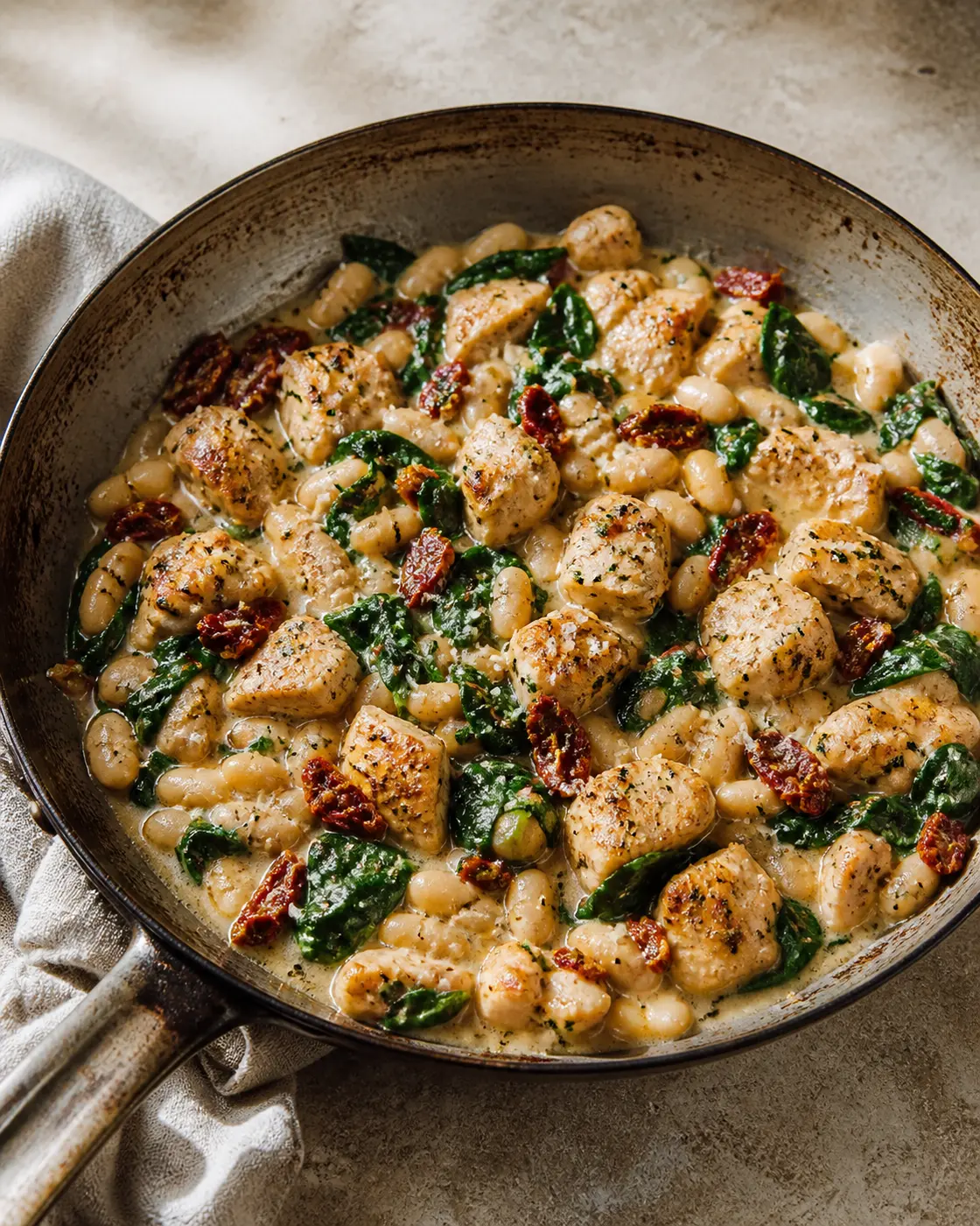 Creamy Tuscan chicken and white bean skillet with spinach, sun-dried tomatoes, and Parmesan