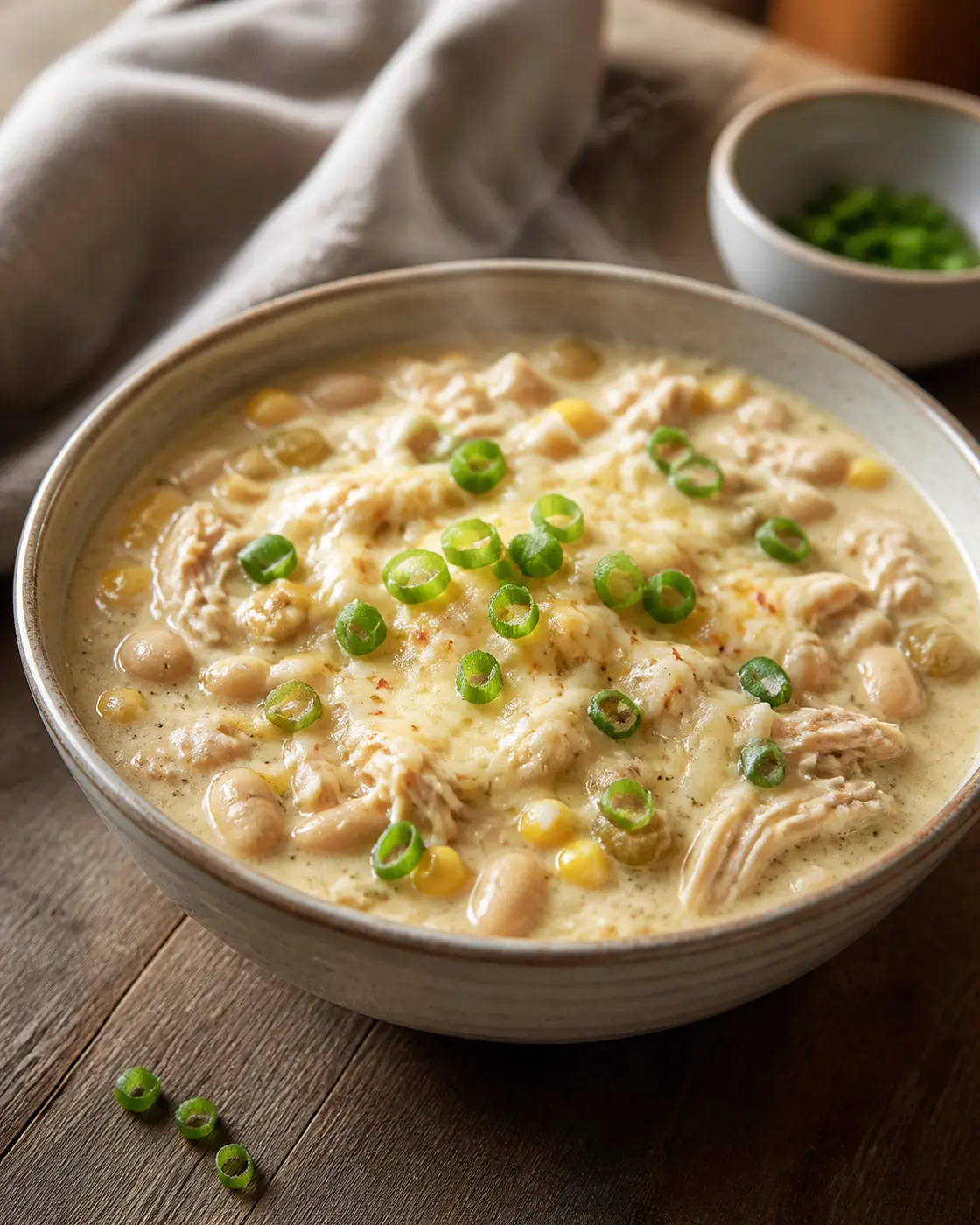Creamy white chicken chili with white beans, corn, green chiles, pepper Jack, and scallions