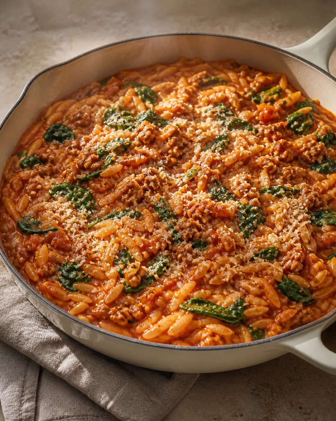 Creamy tomato turkey orzo with spinach and grated Parmesan in a deep skillet
