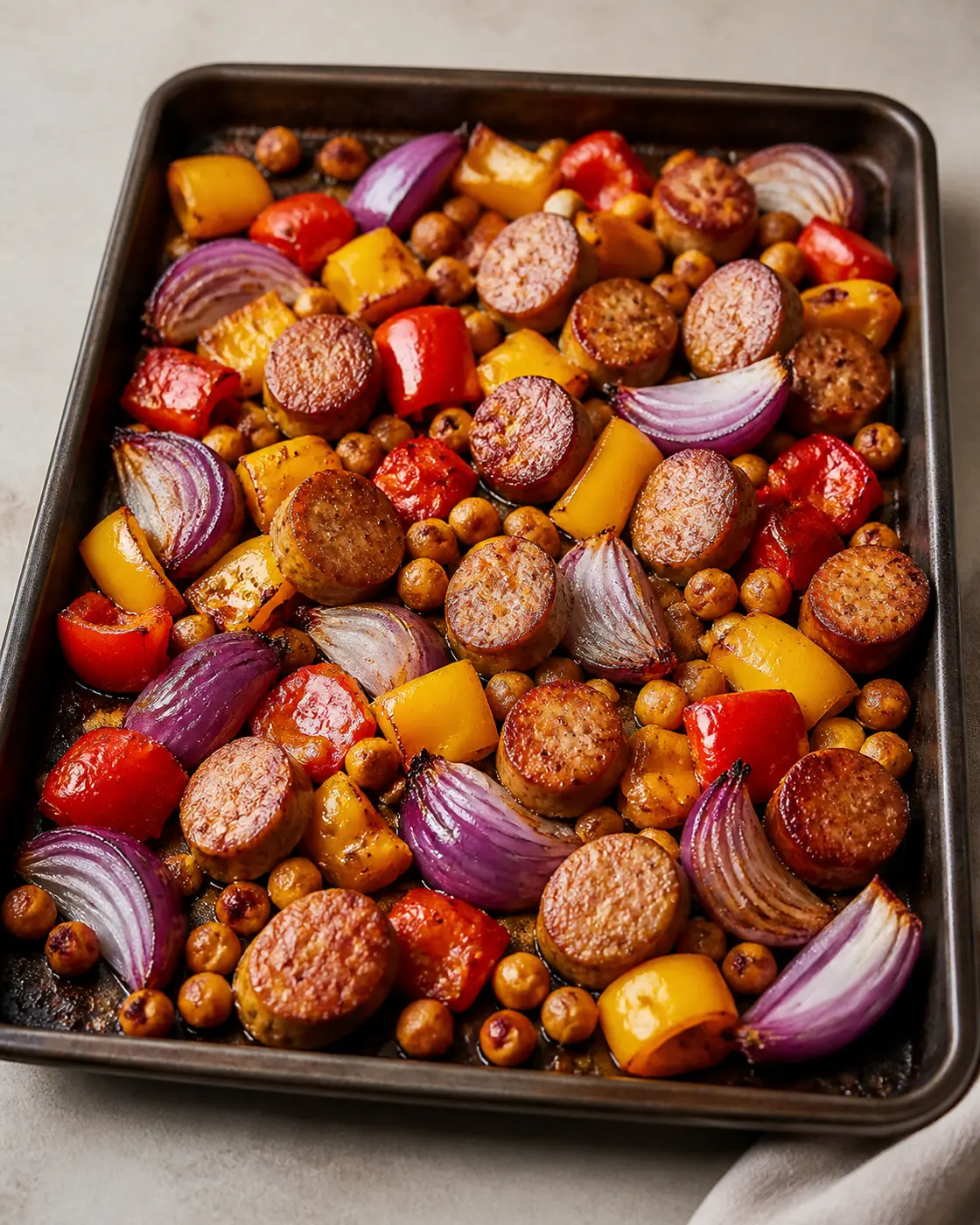 Roasted chicken sausage with colorful peppers, red onion, and chickpeas on a sheet pan