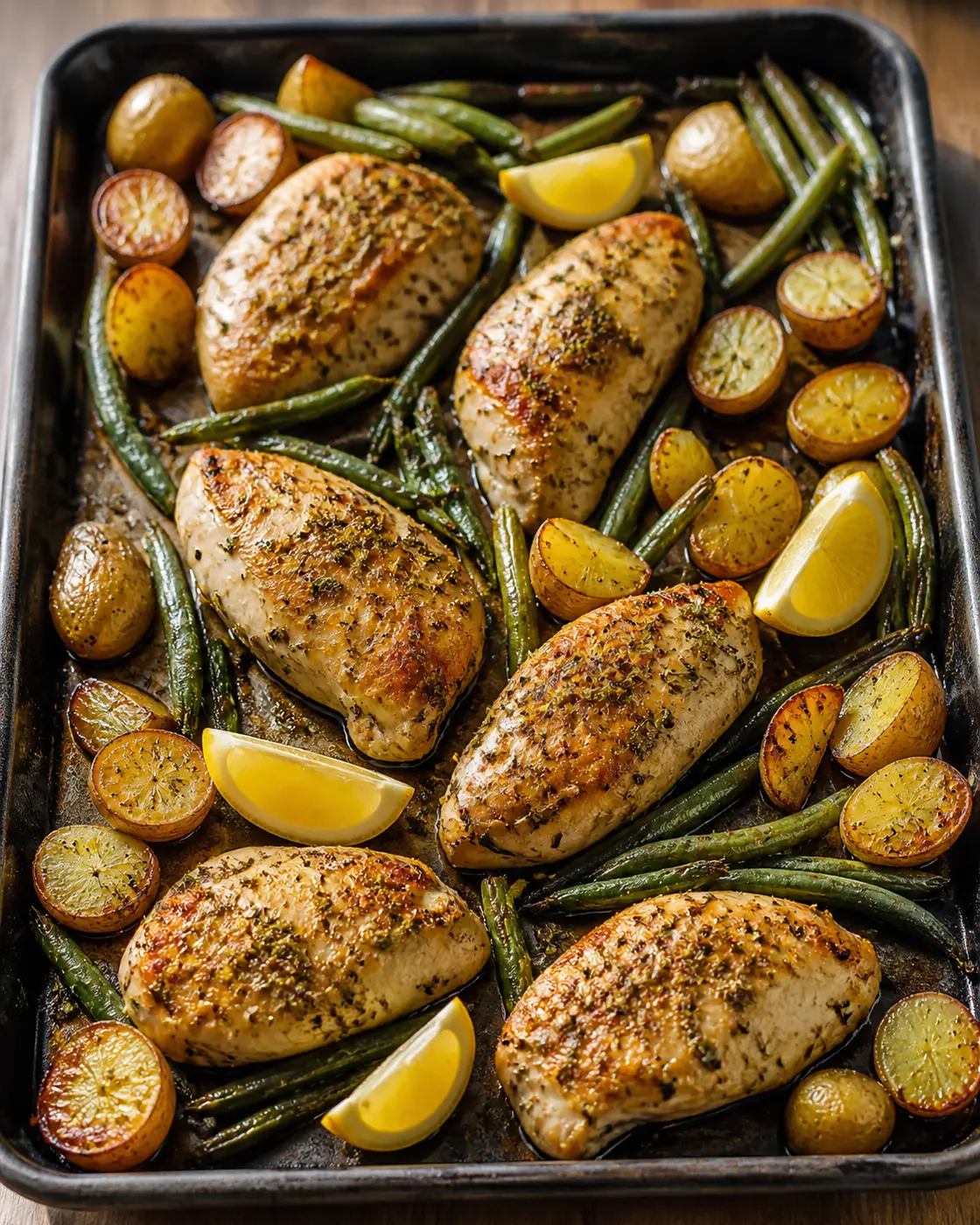 Lemon garlic chicken cutlets with roasted baby potatoes and green beans on a sheet pan