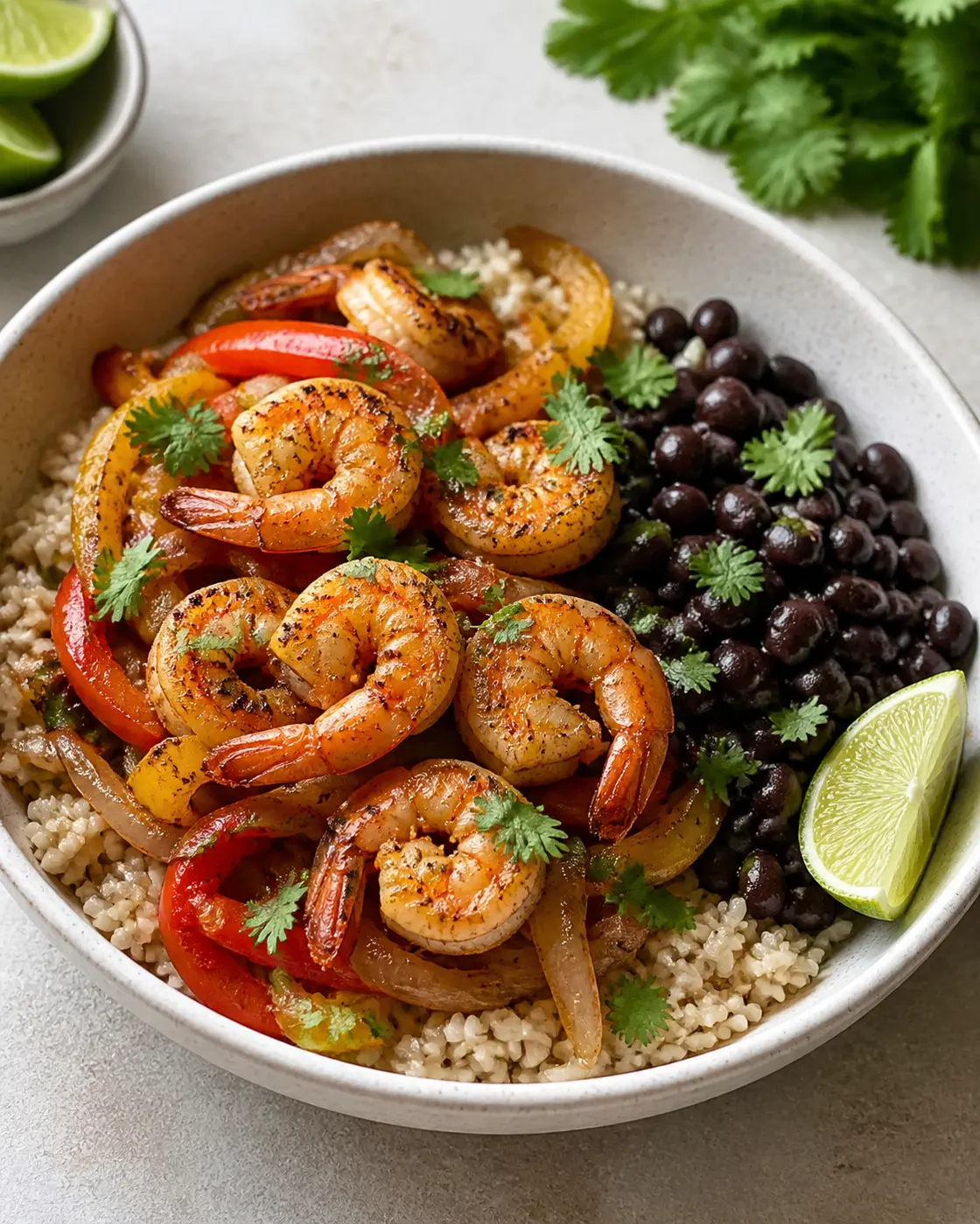 Shrimp fajita rice bowls with peppers, black beans, lime, and cilantro