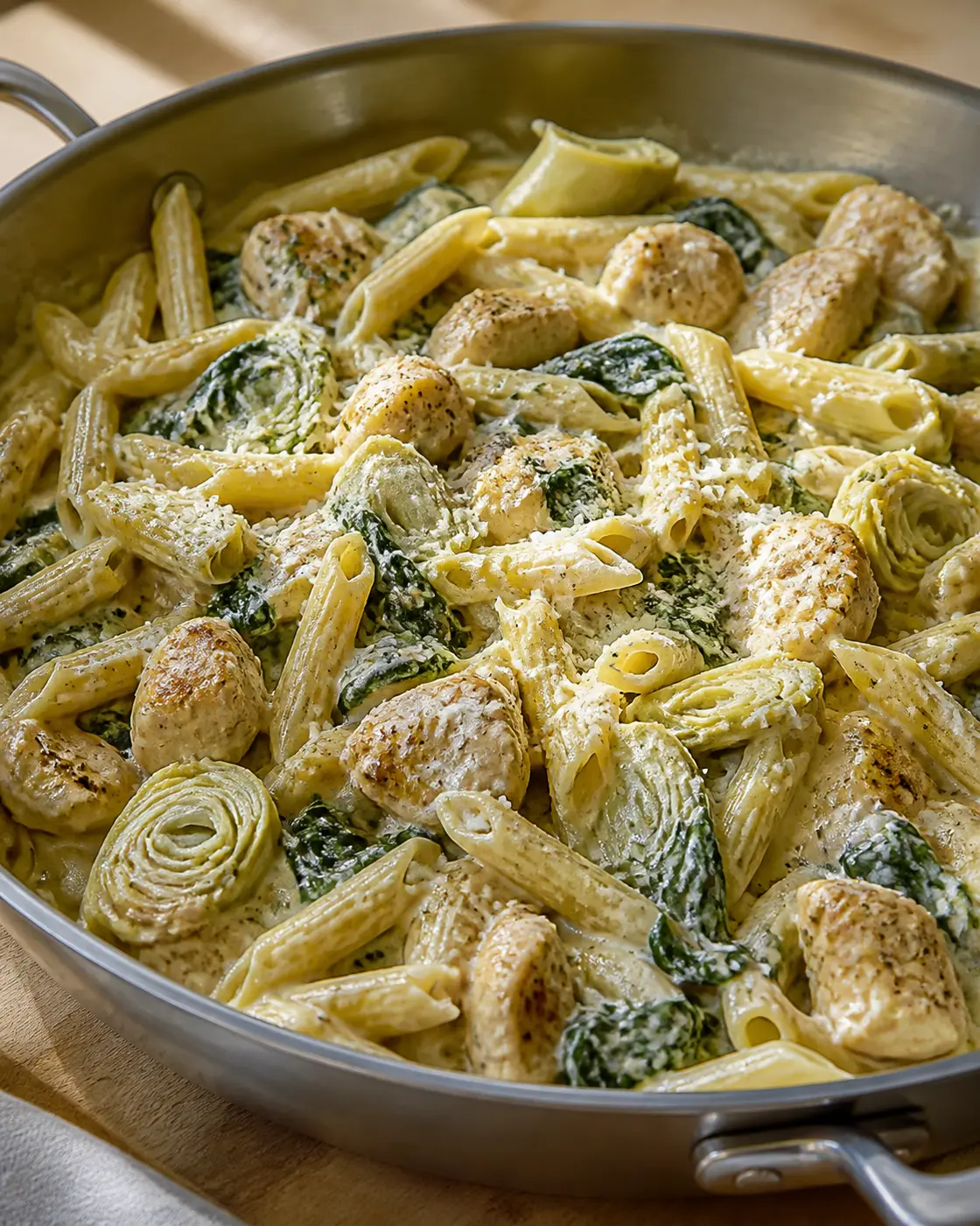 Creamy spinach artichoke chicken pasta with Parmesan in a wide skillet