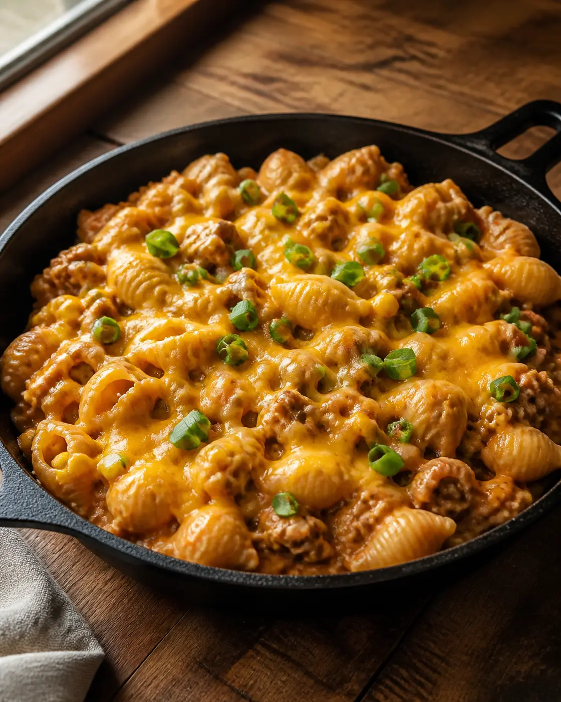 Creamy taco pasta skillet with ground beef, corn, cheddar, and sliced scallions