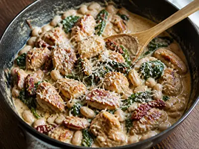 Creamy Tuscan chicken and white bean skillet with spinach, sun-dried tomatoes, and Parmesan