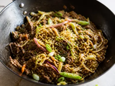 Ginger Beef Ramen Stir-Fry served as a weeknight dinner