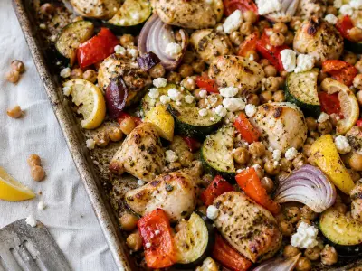 Greek chicken and chickpea sheet pan dinner with zucchini, peppers, red onion, lemon, and feta