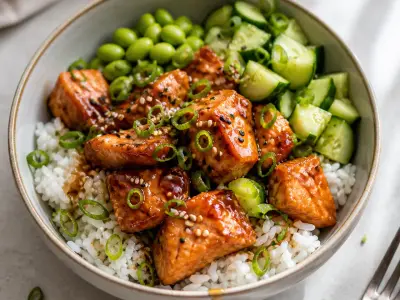 Honey garlic salmon rice bowls with edamame, cucumber, and scallions