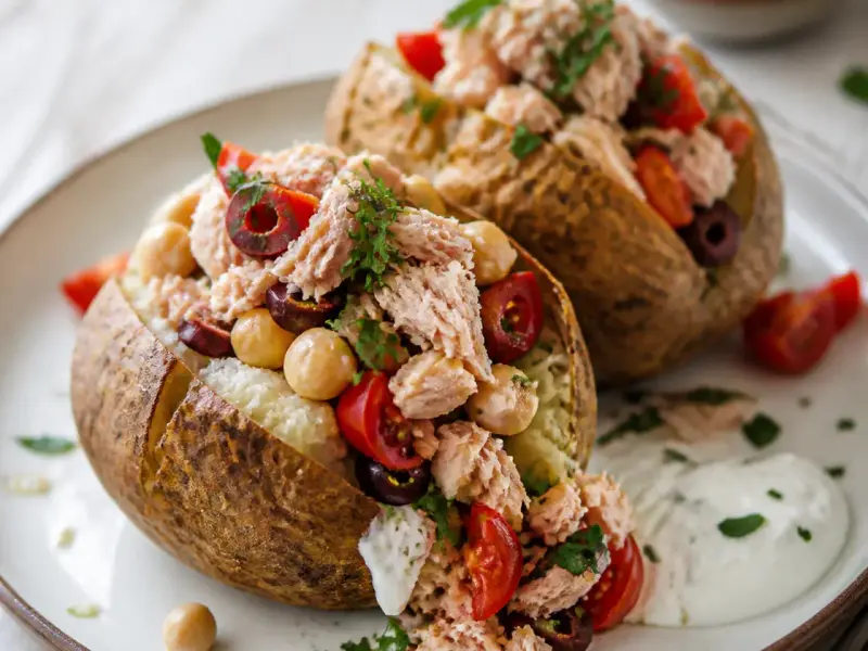 Mediterranean Tuna Stuffed Potatoes served as a weeknight dinner