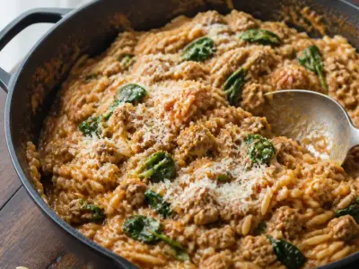 Creamy tomato turkey orzo with spinach and grated Parmesan in a deep skillet