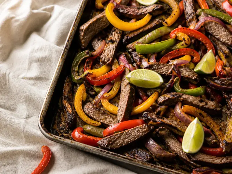 Sheet-Pan Beef Fajitas served as a weeknight dinner