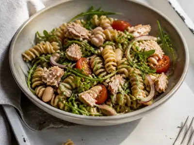 Tuna White Bean Pasta Salad served as a weeknight dinner