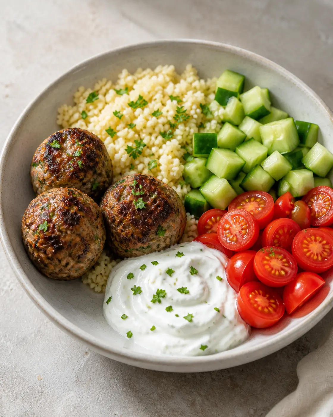 Turkey meatball couscous bowls with cucumber, tomatoes, herbs, and lemon yogurt sauce
